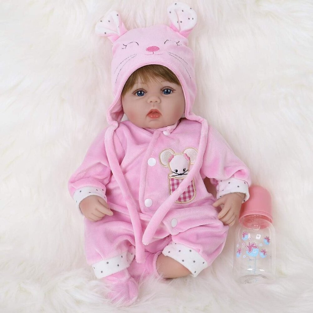 🆕16nch Soft Cloth Body Newborn Baby Doll Poseable Limbs Pink Mouse Doll Girl